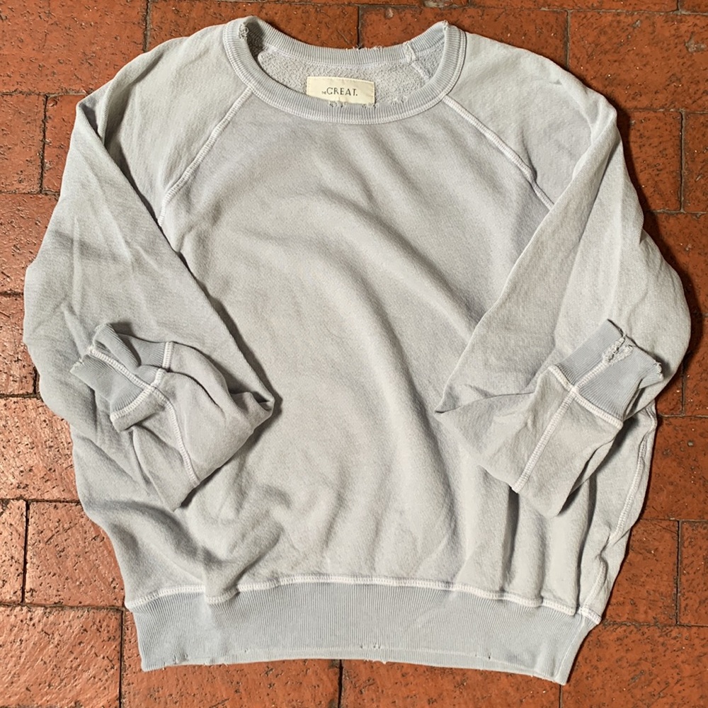 THE GREAT. Distressed College Sweatshirt - 1 Small in Prarie Sky Blue